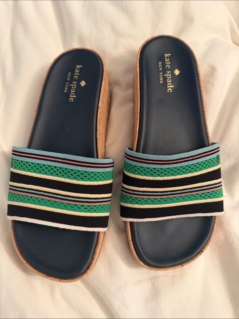 kate spade Navy and Green Striped Slide Sandals